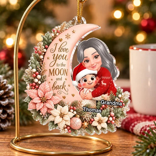 Personalized Acrylic Ornament, Hugging Grandma and Grandchild on a Soft Pink Moon, Unique Christmas Gift