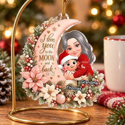 Personalized Acrylic Ornament, Hugging Grandma and Grandchild on a Soft Pink Moon, Unique Christmas Gift