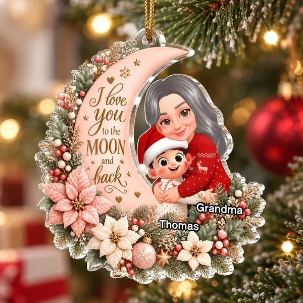 Personalized Acrylic Ornament, Hugging Grandma and Grandchild on a Soft Pink Moon, Unique Christmas Gift