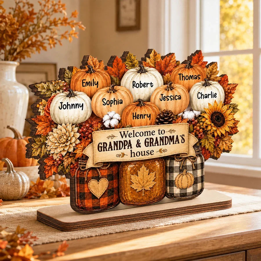 Personalized 2-Layer Wooden Plaque, Autumn Pumpkins & Mason Jars, Unique Gift for Grandparents