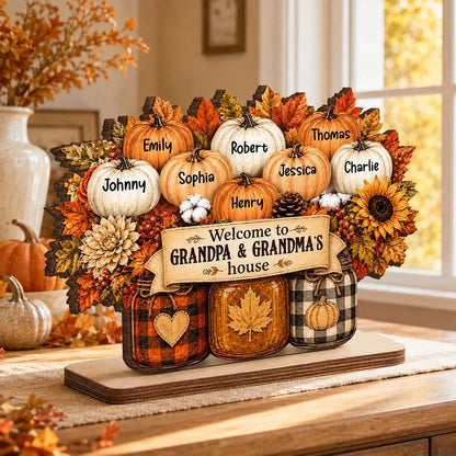 Personalized 2-Layer Wooden Plaque, Autumn Pumpkins & Mason Jars, Unique Gift for Grandparents