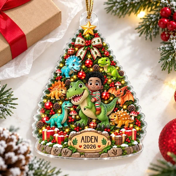 Personalized Acrylic Ornament, Kid Riding a Dinosaur by a Christmas Tree, Unique Gift for Dinosaur Lovers