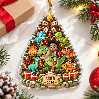 Personalized Acrylic Ornament, Kid Riding a Dinosaur by a Christmas Tree, Unique Gift for Dinosaur Lovers