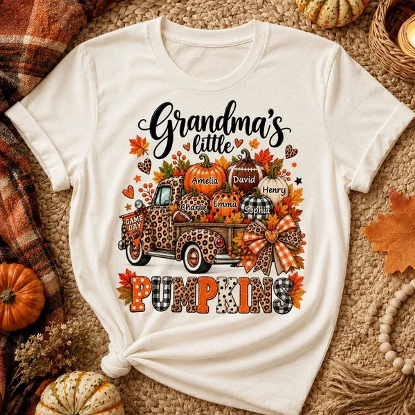 Personalized Classic Tee, Grandma's Little Pumpkins Fall Football Design, Unique Game Day Gift for Grandma