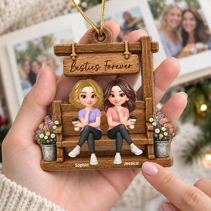 Personalized 2-Layer Wooden Plaque, Cartoon Friends Sharing Coffee on a Garden Bench, Unique Gift for Her