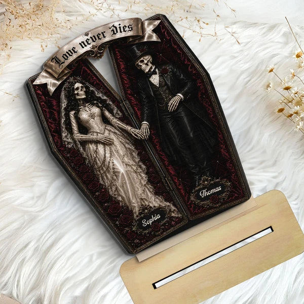 Personalized 2-Layer Wooden Plaque, Skeleton Couple Coffin Halloween Decor, Unique Gift for Couples