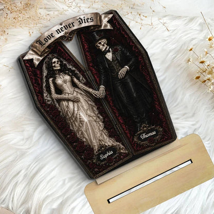 Personalized 2-Layer Wooden Plaque, Skeleton Couple Coffin Halloween Decor, Unique Gift for Couples