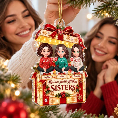 Personalized Acrylic Ornament, Cartoon Sisters Holding Mugs, Red & Gold Unique Christmas Gift for Sisters