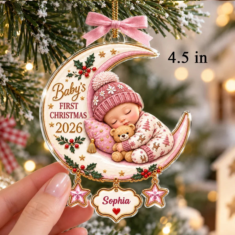 Personalized Acrylic Ornament, Sleeping Baby on Crescent Moon, Unique First Christmas Gift for New Parents