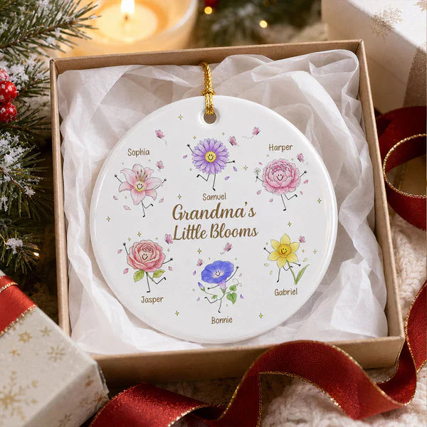 Personalized Ceramic Ornament With Grandma's Little Blooms, Smiling Birth Flower Art, Unique Gift For Grandma