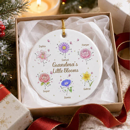 Personalized Ceramic Ornament With Grandma's Little Blooms, Smiling Birth Flower Art, Unique Gift For Grandma