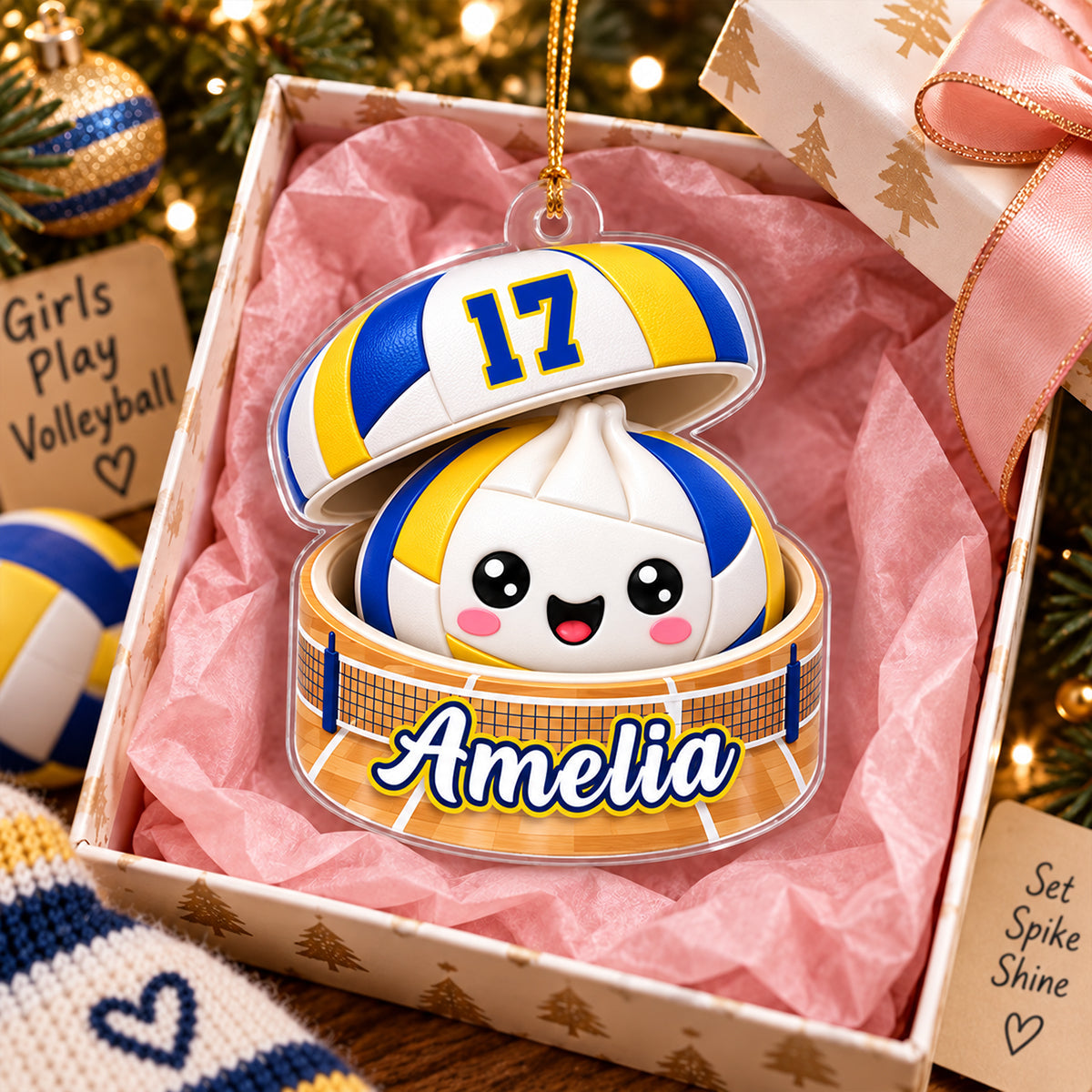 Personalized Acrylic Ornament, Cheerful Volleyball Dumpling Hanging on a Lit Tree, Creative Gift for Daughter or Son
