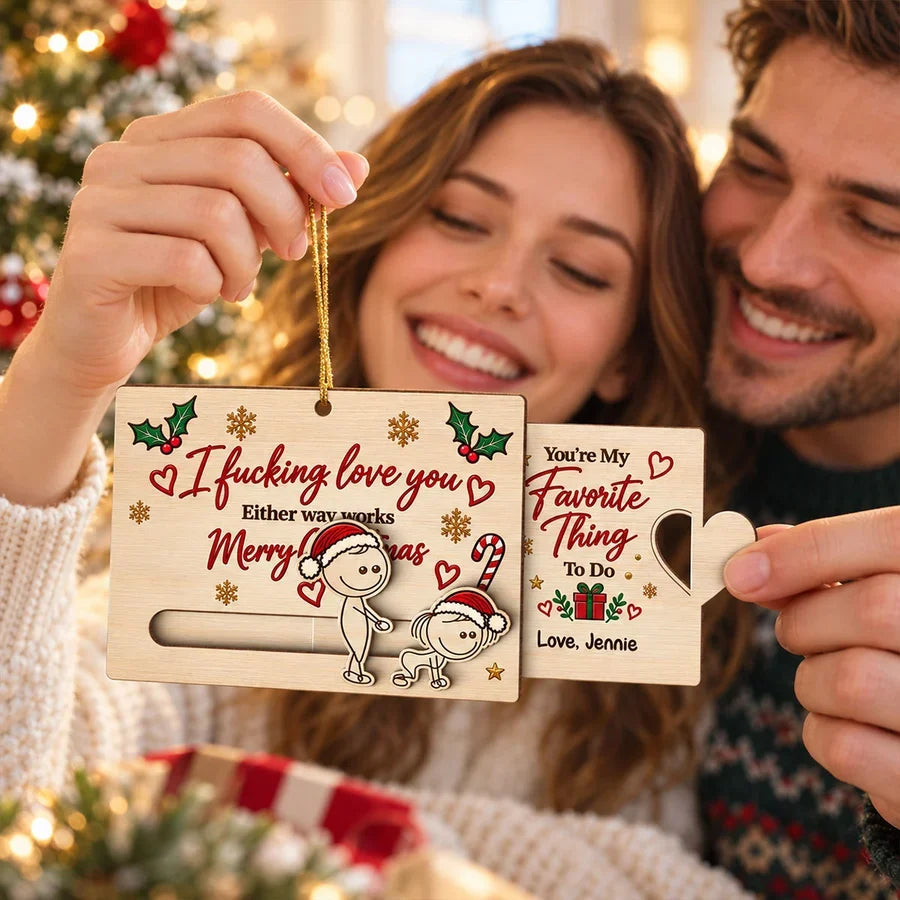 Personalized Wooden Sliding Ornament, Playfully Posing Cartoon Couple, Unique Christmas Gift for Partner