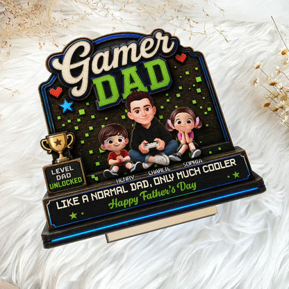 Personalized 2-Layer Wooden Plaque For Gamer Dad, Sitting Dad & Kids, Creative Father's Day Gift