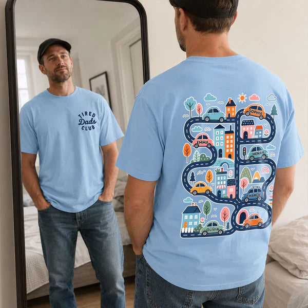Personalized Classic Tee, Tired Dads Club & Play Cars on Dad's Back, Unique Father's Day Gift for Dad