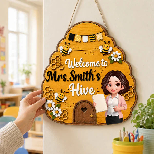 Personalized Wooden Sign with Teacher Holding a Book, Bee Hive Classroom Decor, Unique Back to School Gift