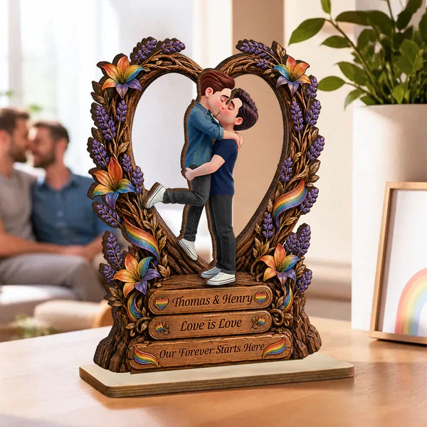 Personalized Wooden Plaque, Kissing LGBT Couple With Rainbow Flag, Unique Creative Gift for Couple
