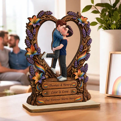 Personalized Wooden Plaque, Kissing LGBT Couple With Rainbow Flag, Unique Creative Gift for Couple