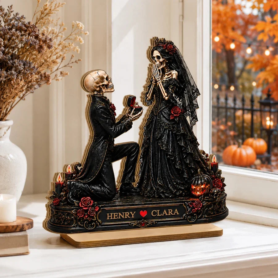Personalized 2-Layer Wooden Plaque, Skeleton Proposal Halloween Decor, Unique Gift for Couple