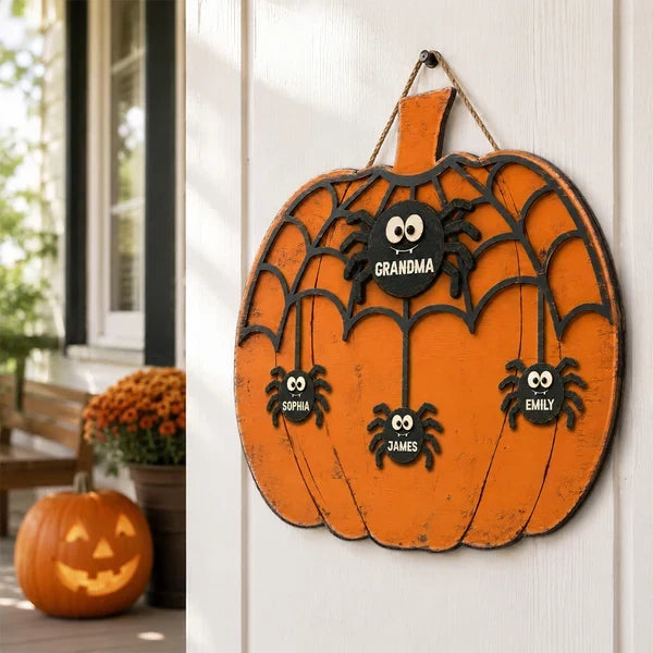 Grandma and Grandkids Wooden Sign, Rustic Orange Halloween Spider Web, Personalized Creative Family Gift