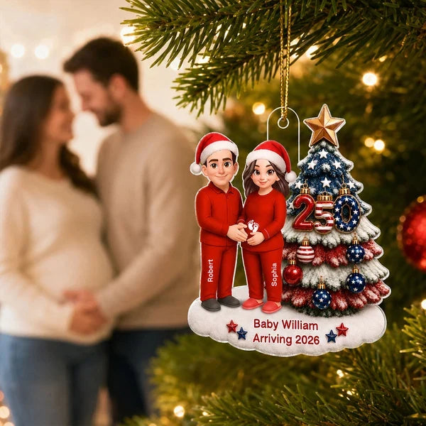 Personalized Acrylic Ornament, Expecting Couple Holding Baby Bump by Christmas Tree, Unique Gift for Parents