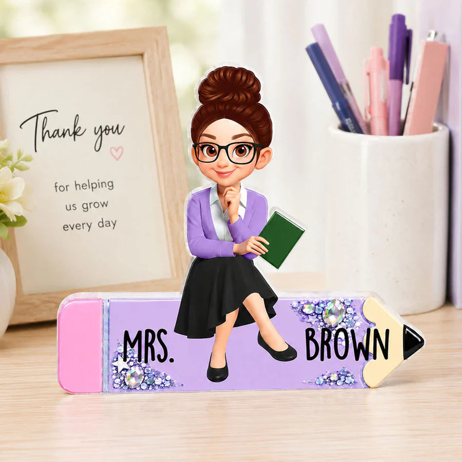 Personalized Shaped Acrylic Block Plaque, Teacher Sitting On Pencil, Unique Gift For Teacher Desk Decor