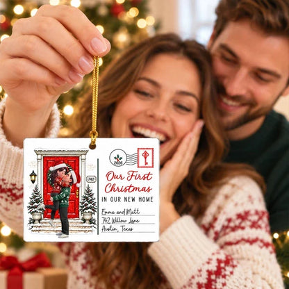 Personalized Acrylic Ornament, Kissing Couple by a Snowy Red Door, Unique Christmas Gift for New Homeowners