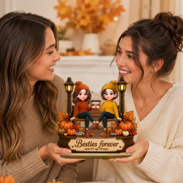 Personalized 2-Layer Wooden Plaque, Besties Forever Fall Scene, Unique Gift for Bestie