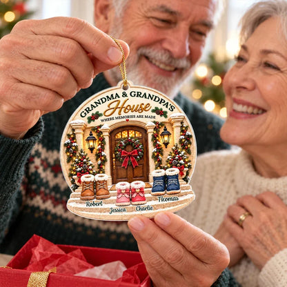 Personalized Acrylic Ornament, Snowy Grandparents' House with Kids' Boots, Unique Christmas Gift