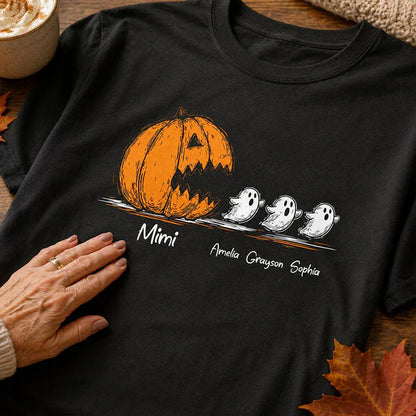Personalized Grandma Classic Tee, Pumpkin Chasing Ghosts, Unique Halloween Gift for Family