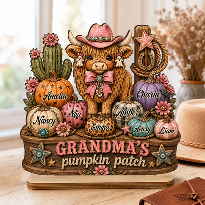 Personalized 2-Layer Wooden Plaque, Grandma's Pumpkin Patch, Western Highland Cow, Unique Creative Gift