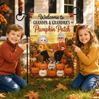 Grandparents Holding Hands in a Pumpkin Patch Garden Flag, Personalized Family Welcome, Creative Fall Gift