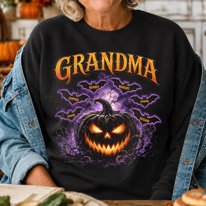 Personalized Grandma Classic Tee with Orange Jack O Lantern and Bats, Unique Halloween Gift