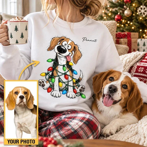 Personalized Classic Tee with Quirky Dog Portrait Tangled in Christmas Lights, Unique Gift for Dog Lovers