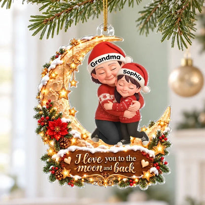 Personalized Acrylic Ornament, Grandma and Grandkids Hugging on a Red and Gold Moon, Unique Christmas Gift