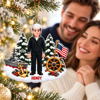 Personalized Acrylic Ornament, Standing Cartoon Navy Sailor in Snowy Scene, Unique Christmas Gift for Service Members