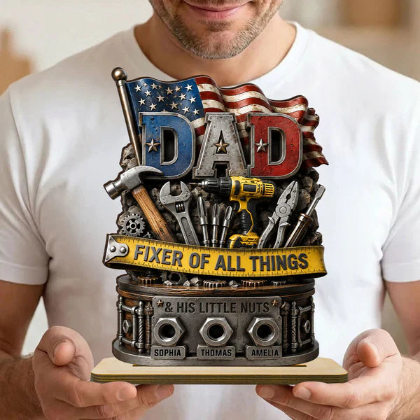 Dad Fixer of All Things Personalized 2-Layer Wooden Plaque, Creative Gift with Tools & Flag
