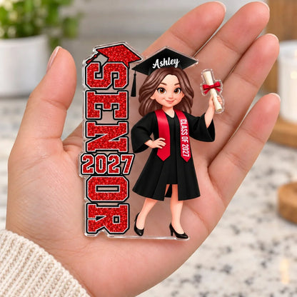Personalized Acrylic Magnet, Red and Black Graduate Holding Diploma, Unique Graduation Gift for Daughter, Son