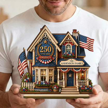 Personalized Wooden Plaque with Patriotic House Art, USA 250th Family Shelf Decor, Unique Gift for Family