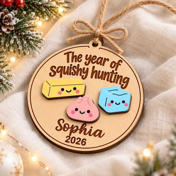 Personalized 2-Layer Wooden Ornament, Cute Squishy Design on a Lit Christmas Tree, Creative Gift for Collectors