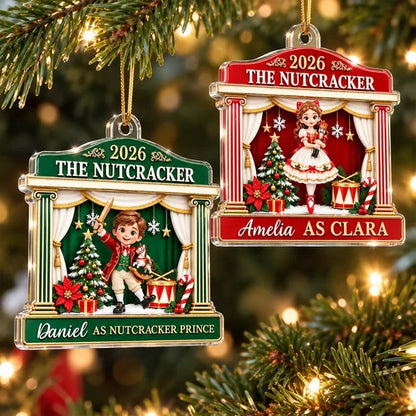 Personalized Acrylic Ornament, Red and Gold Nutcracker Ballerina on Stage, Unique Christmas Gift for Dancers