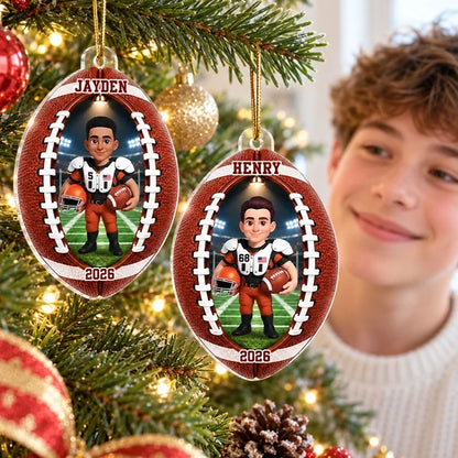 Personalized Acrylic Ornament, Custom Football Player on Stadium Field, Unique Christmas Gift for Son