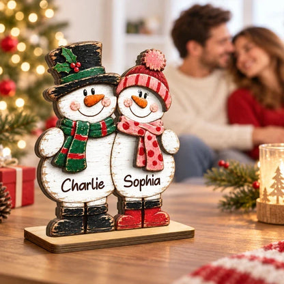 Personalized 2-Layer Wooden Plaque, Rustic Snowman Couple Standing Together, Unique Christmas Gift for Couples