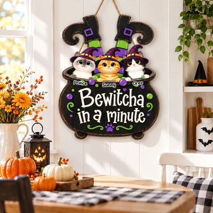 Bewitcha in a Minute Personalized Wooden Sign, Playful Witch Cats, Creative Halloween Gift for Cat Lovers