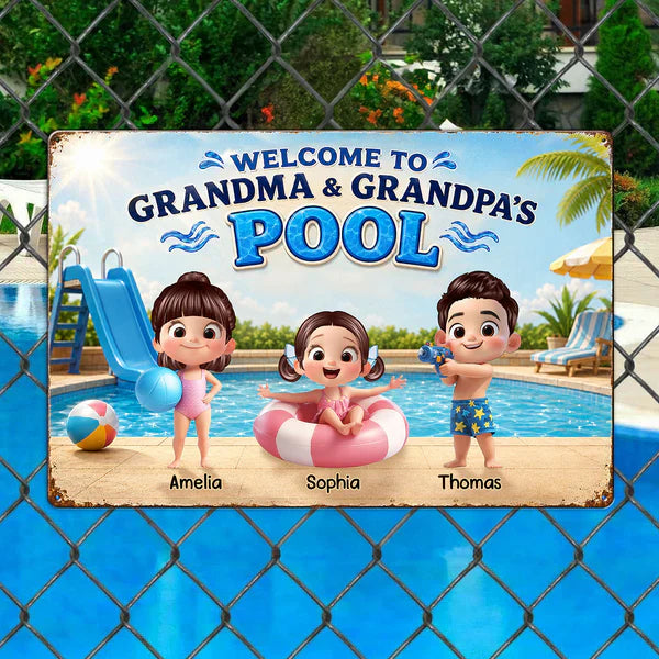 Personalized Rectangular Iron Sign, Kids Playing by Sunny Pool, Unique Gift for Grandma & Grandpa