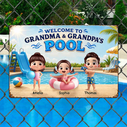 Personalized Rectangular Iron Sign, Kids Playing by Sunny Pool, Unique Gift for Grandma & Grandpa