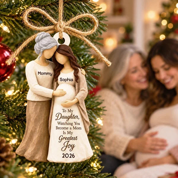 Personalized Wooden Ornament, Mother Hugging Pregnant Daughter, Unique Christmas Gift for Mom-to-Be