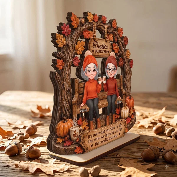 Personalized Layered Wooden Plaque, Rustic Autumn Friends Sharing Coffee, Unique Gift for a Best Friend