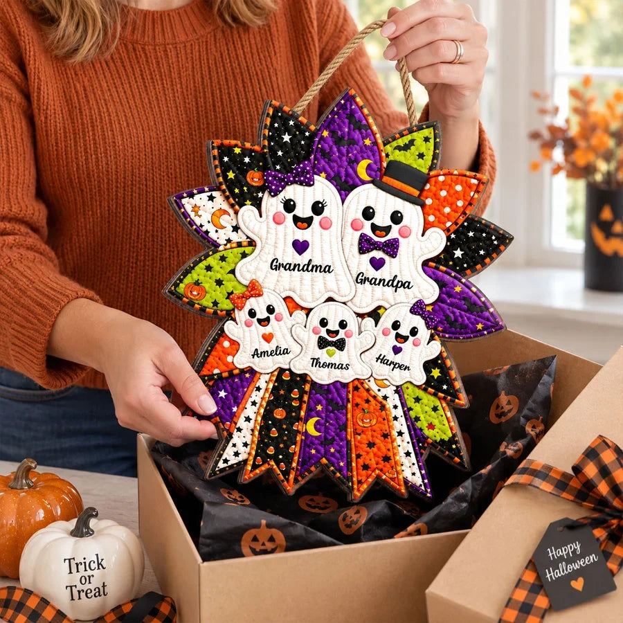 Personalized Wooden Sign with Cheerful Ghost Family Wreath, Heartwarming Halloween Decor, Creative Gift for Grandparents
