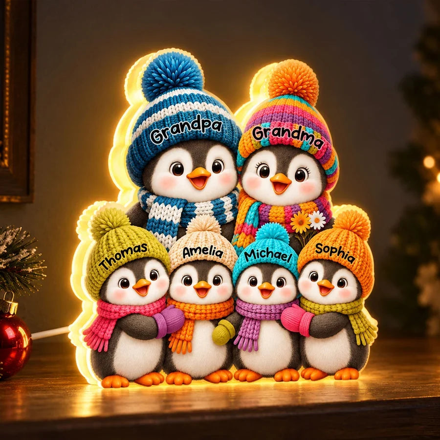 Personalized Acrylic Light Box, Cute Penguin Family in a Cozy Christmas Room, Unique Gift for Grandparents